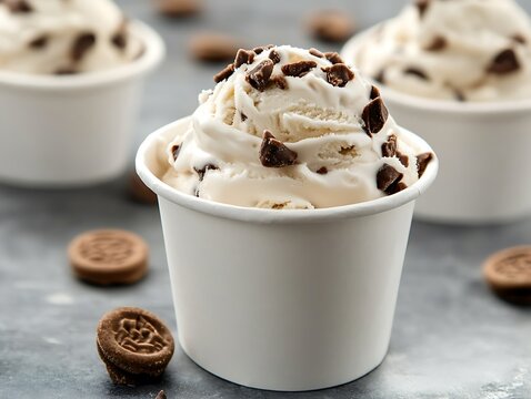 Cookies flavor soft serve ice cream on white blank empty paper cup