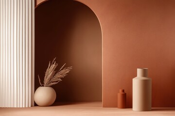 A room with a vase and a plant on a pedestal. Paper backdrop featuring the fashionable mocha mousse.