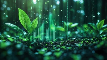 Abstract Lush Green Plant Data Visualization in Nature Scenery Background