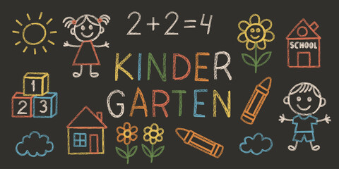 Colorful kindergarten chalkboard drawing with chalk and crayon icons. Kids, math, school elements, cute child holding crayon, hand drawing flower at school house, classroom fun symbols.
