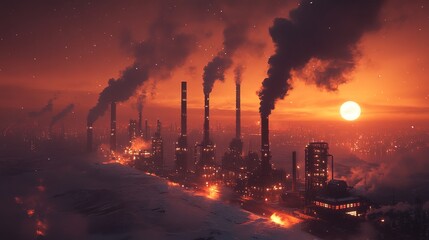 Industrial Futuristic Factory with Dark Smoke and Glowing Lights at Sunset