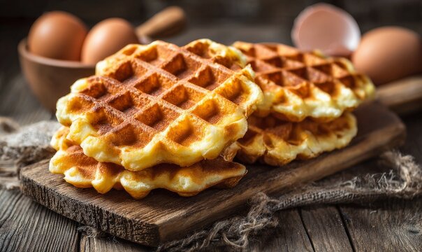 A stack of golden-brown egg waffles on a white plate next to several brown eggs on a wooden surface.