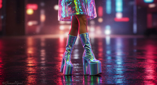 Cyberpunk Fashion Iridescent Platform Boots Rain Night