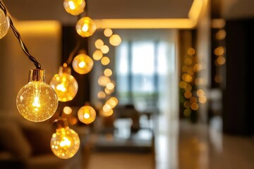 A string of lights with a lot of brightness and a lot of light. Shimmering garland lights glittering bulbs with a soft bokeh effect twinkling and glowing in golden tones.