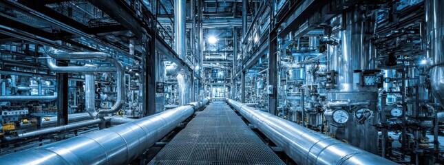 Fototapeta premium a large industrial facility with massive metal pipes, illuminated in blue lighting, emphasizing engineering and technology.