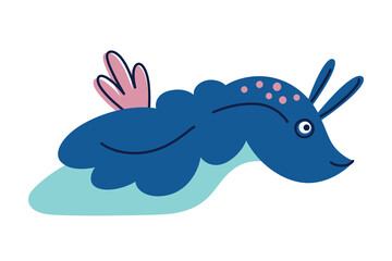 Flat cartoon vector illustration of cute sea slug character with colorful body and horn like appendages. Underwater animal for marine designs, ocean life visuals, kids books, educational materials