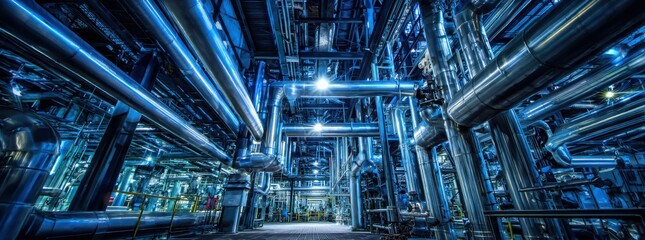 a large industrial facility with massive metal pipes, illuminated in blue lighting, emphasizing engineering and technology.