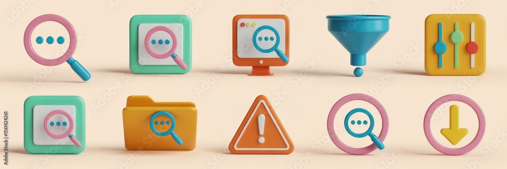 Poster colorful, 3d icons of various computer functions.