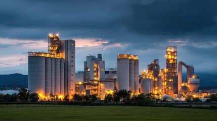 Fototapeta premium Cement factory at dusk with grain silos and illuminated equipment, an industrial landscape with a grassy field in the background.