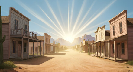Fototapeta premium WildWest Frontier Town Sunset Dusty Road OldWest Buildings