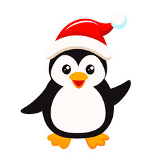 Playful penguin wearing a Santa hat. Winter clipart on white background. Vector illustration.