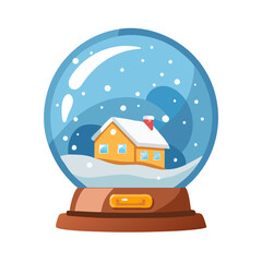 Cute snow globe with tiny house and snowfall. Winter clipart on white background. Vector illustration.