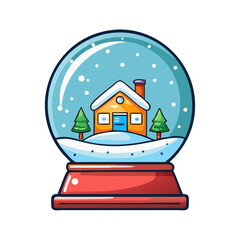 Cute snow globe with tiny house and snowfall. Winter clipart on white background. Vector illustration.