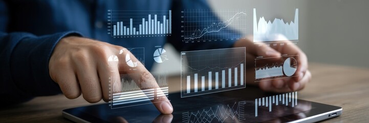Hands interacting with a digital tablet displaying various charts and graphs.