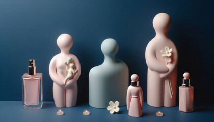 Rosa und hellblaue Figuren als Kosmetik- oder Parfumflaschen, minimalistisch, copy space