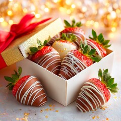 delicious chocolate covered strawberries in a beautiful gift box on a festive background