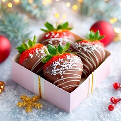delicious chocolate covered strawberries in a beautiful gift box on a festive background
