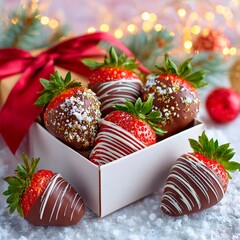 delicious chocolate covered strawberries in a beautiful gift box on a festive background