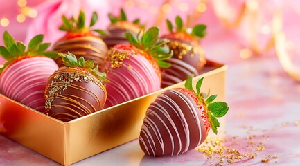 delicious chocolate covered strawberries in a beautiful gift box on a festive background