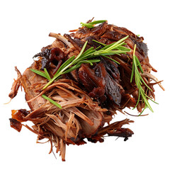 Obraz premium Delicious slow cooked pulled pork meat garnished with fresh rosemary sprigs isolated on transparent background