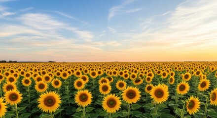 Obraz premium A summer sunflower field with beautiful golden sunflowers and morning mist,黄金のひまわりと朝霧が美しい夏のひまわり畑