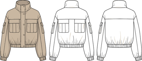 Women's Cropped Bomber Jacket Technical Fashion Drawing with Stand Collar, Cargo Pockets, Ribbed Hem and Cuffs, Drop Shoulders, Front and Back View CAD Illustration Template. © Hasan Creatives