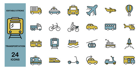 Transportation line icon set – Includes car, motorcycle, bus, ambulance, train and bicycle. Editable stroke. Colored vector illustration.