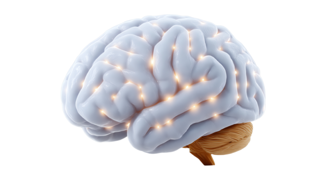 3D illustration of a human brain with glowing neural connections on a transparent background.