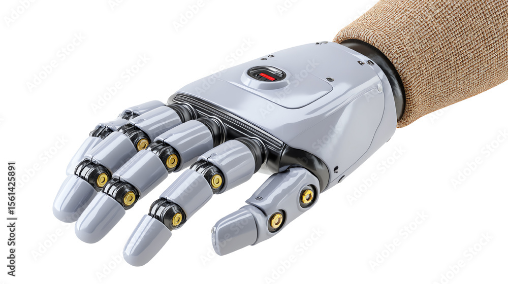 Poster a futuristic robotic hand showcasing advanced mechanics and design, isolated on a white background.