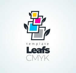 Cmyk Logo. Abstract Leafs and Squares. Printing theme. Template design vector. White background