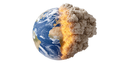 A dramatic depiction of the Earth being consumed by smoke and flames, symbolizing environmental crises and climate change.