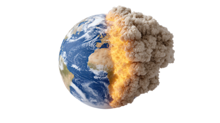 A dramatic depiction of the Earth being consumed by smoke and flames, symbolizing environmental crises and climate change.