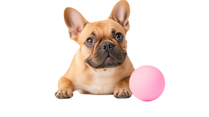 A French Bulldog lying down next to a pink ball, perfect for pet-related content.