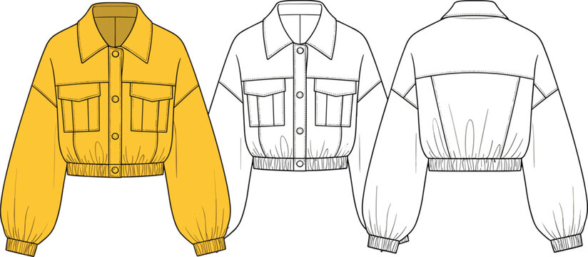 Women's Cropped Bomber Jacket Technical Fashion Drawing with Shirt Collar, Flap Pockets, Elasticated Hem, Balloon Sleeves, Front and Back View CAD Illustration Template.