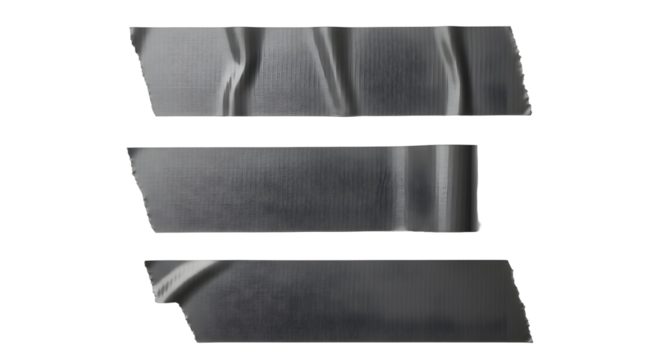 Three horizontal strips of gray duct tape adhered to a black background in a studio setting