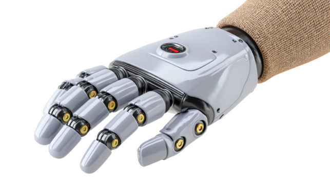 A futuristic robotic hand showcasing advanced mechanics and design, isolated on a white background.