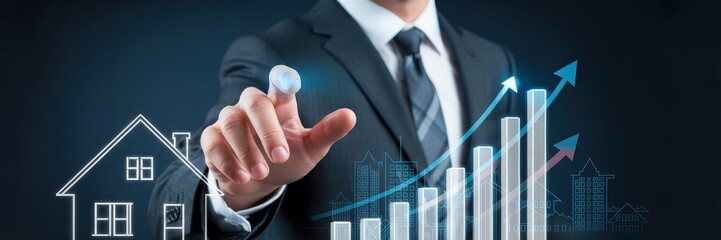 A person in a business suit interacts with a graphical representation of real estate and investment growth.