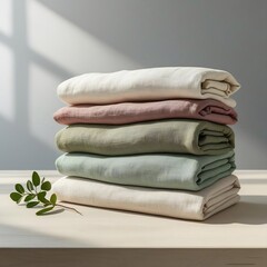 A minimalistic and elegant photo-realistic image of four neatly folded linen fabrics stacked on top of each other, placed on a light wooden table surface. Each fabric has a distinct pastel tone: cream