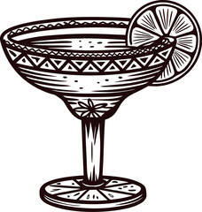 Hand drawn margarita cocktail glass with lime slice vintage sketch drink illustration
