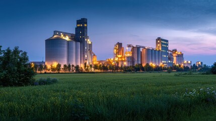 Landscape of a cement factory at sunset in front of the grain silo and building with illuminated industrial buildings on a green grass meadow.