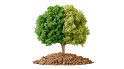 A vibrant tree showcasing two distinct shades of foliage, symbolizing nature's diversity against a white isolated background.