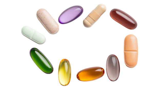 Assorted colorful vitamin capsules arranged in a circular pattern on a white background.