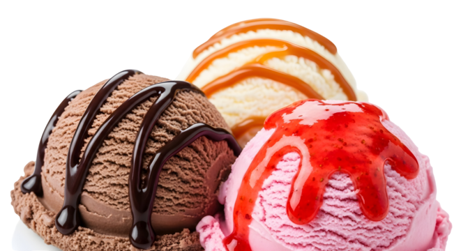 A close up of three scoops of ice cream with different toppings on a black background studio shot