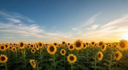 Obraz premium A summer sunflower field with beautiful golden sunflowers and morning mist,黄金のひまわりと朝霧が美しい夏のひまわり畑