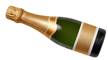 Champagne bottle with golden label on a neutral background, perfect for celebration and festive occasions.