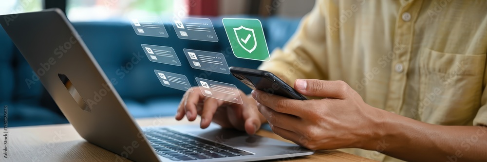 Poster person using laptop and phone with security interface overlay.