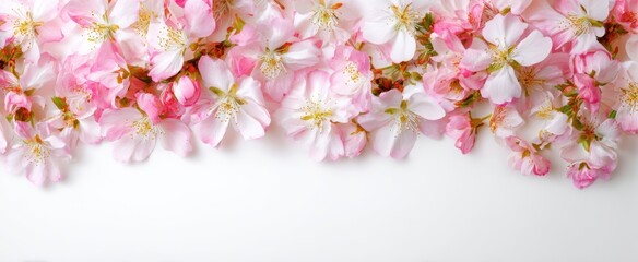 Obraz premium The delicate arrangement of pink blossoms on a soft white background.