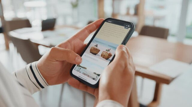 Mobile, hands or person on travel website in office for booking or planning vacation options. Lodge choice, phone closeup or scroll on screen to search display online for day off, leave or hotel app