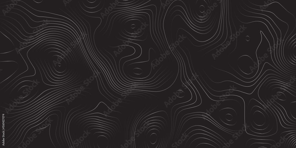 Poster black topographic contour line abstract map with modern dark textured style.