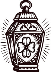 Traditional ornate lantern illustration with floral patterns and radiant lines in vintage black and white